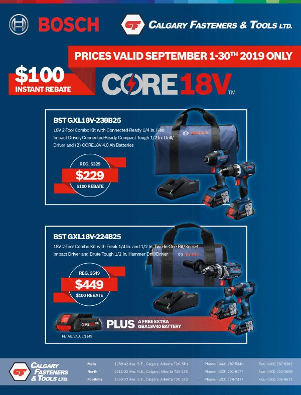 Calgary Fasteners Flyer (Page 1): Bosch CORE18V Tools Promo