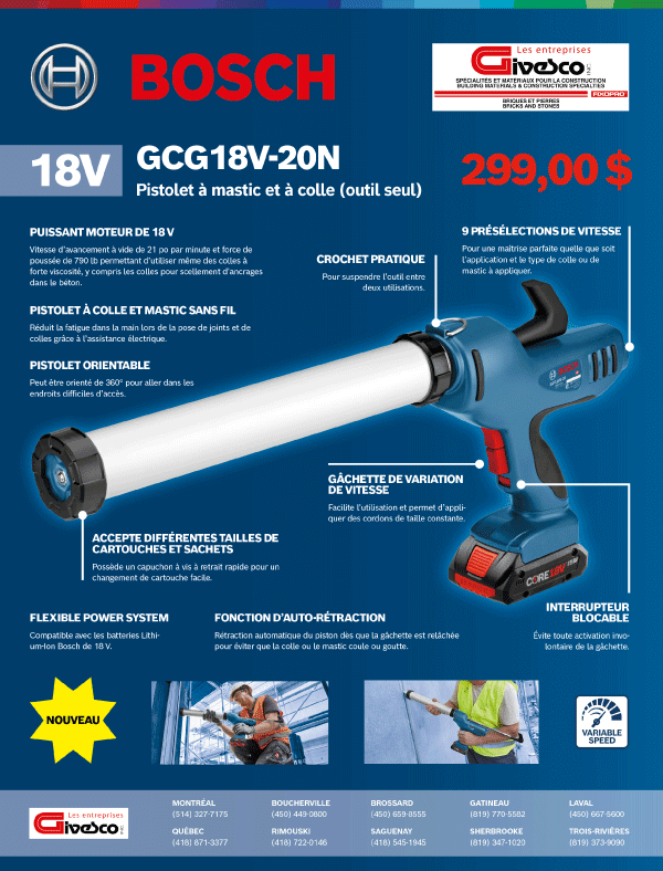 Givesco French Sell Sheet: Bosch 18V Caulk and Abrasive Gun