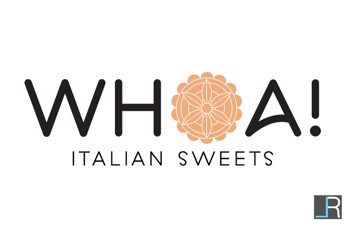 WHOA Italian Sweets Logo: Modern rounded sans-serif wordmark with a vector pizelle illustrative symbol as the letter 'O'